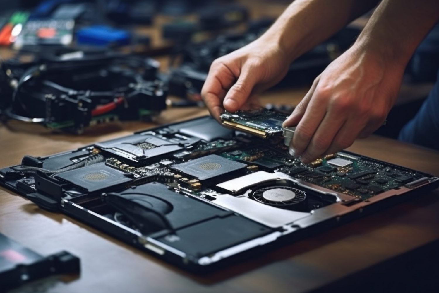 repairing a broken laptop in a workshop repairing a broken laptop in a workshop.